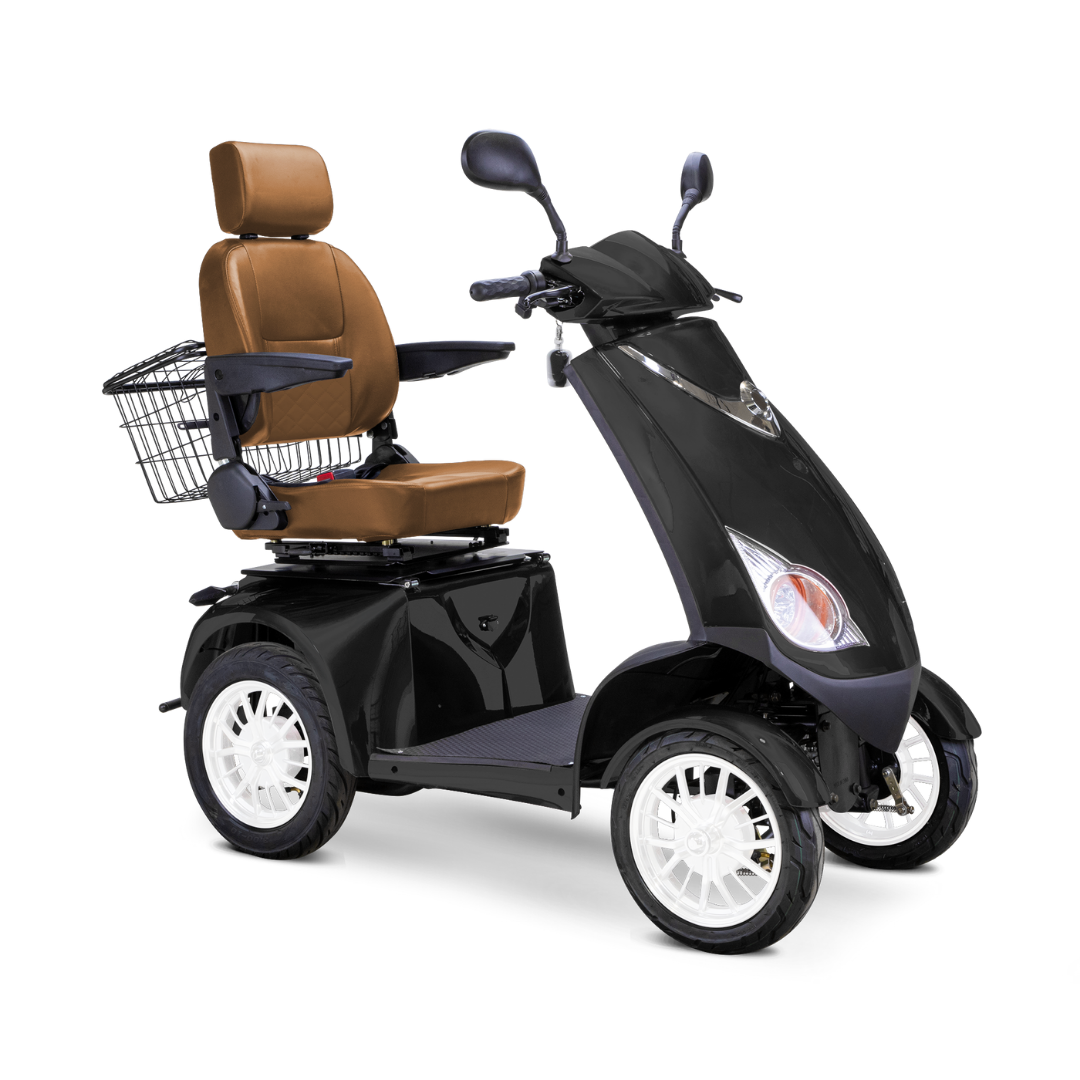 The Bespoke Platinum Recreational 4-Wheel Scooter with Electric Brake Assist features a black frame, high-performance motor, brown cushioned seat with backrest and armrests, rear-view mirrors, and a metal basket mounted on the back.